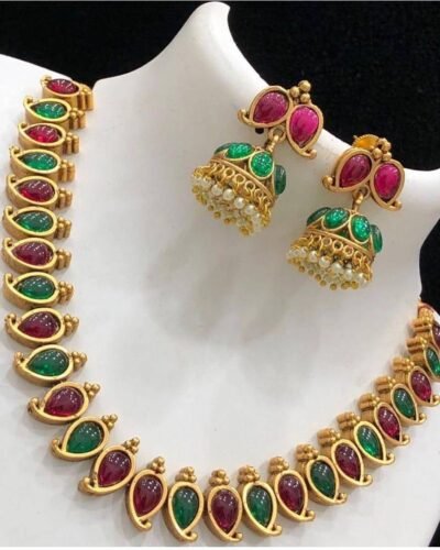 South Indian Necklace Set - Green Maroon