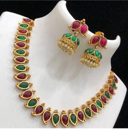 South Indian Necklace Set - Green Maroon