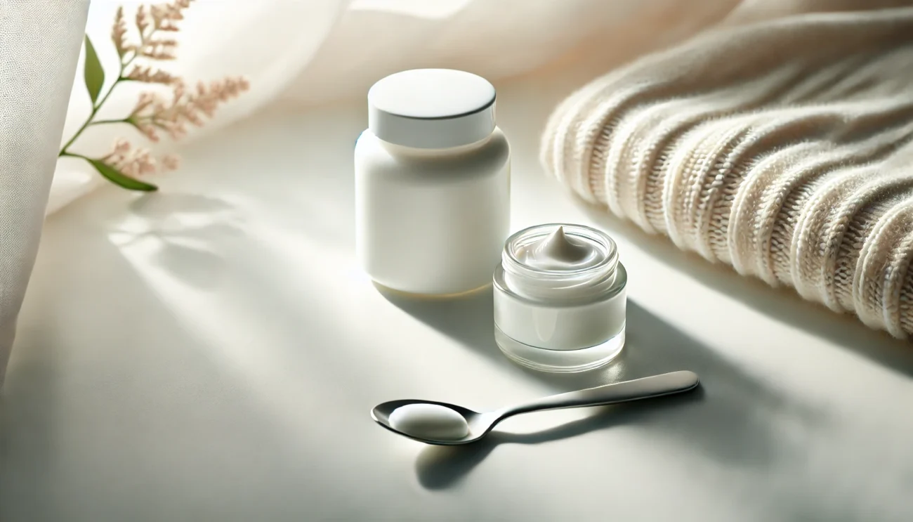 A landscape mode image showing a bottle of moisturizer and a small spoon on a clean, white surface. Soft morning light gives the scene a fresh and gen