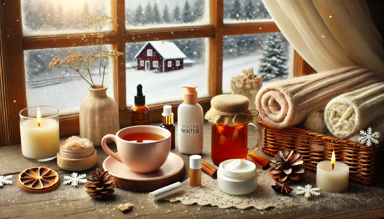 A cozy winter scene showing a table with essential skin care items for winter, including a bottle of moisturizer, lip balm, sunscreen, and a warm cup